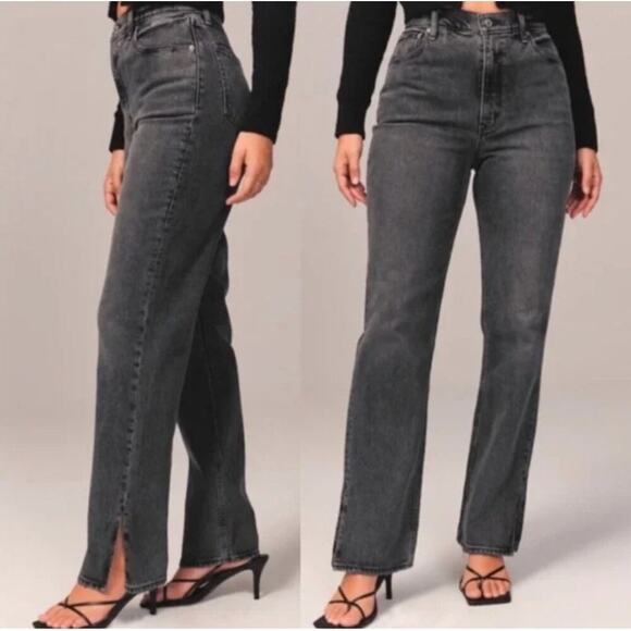 Abercrombie & Fitch Ultra High Rise 90's Straight Split Hem Washed Black 28L 6L - Picture 1 of 6